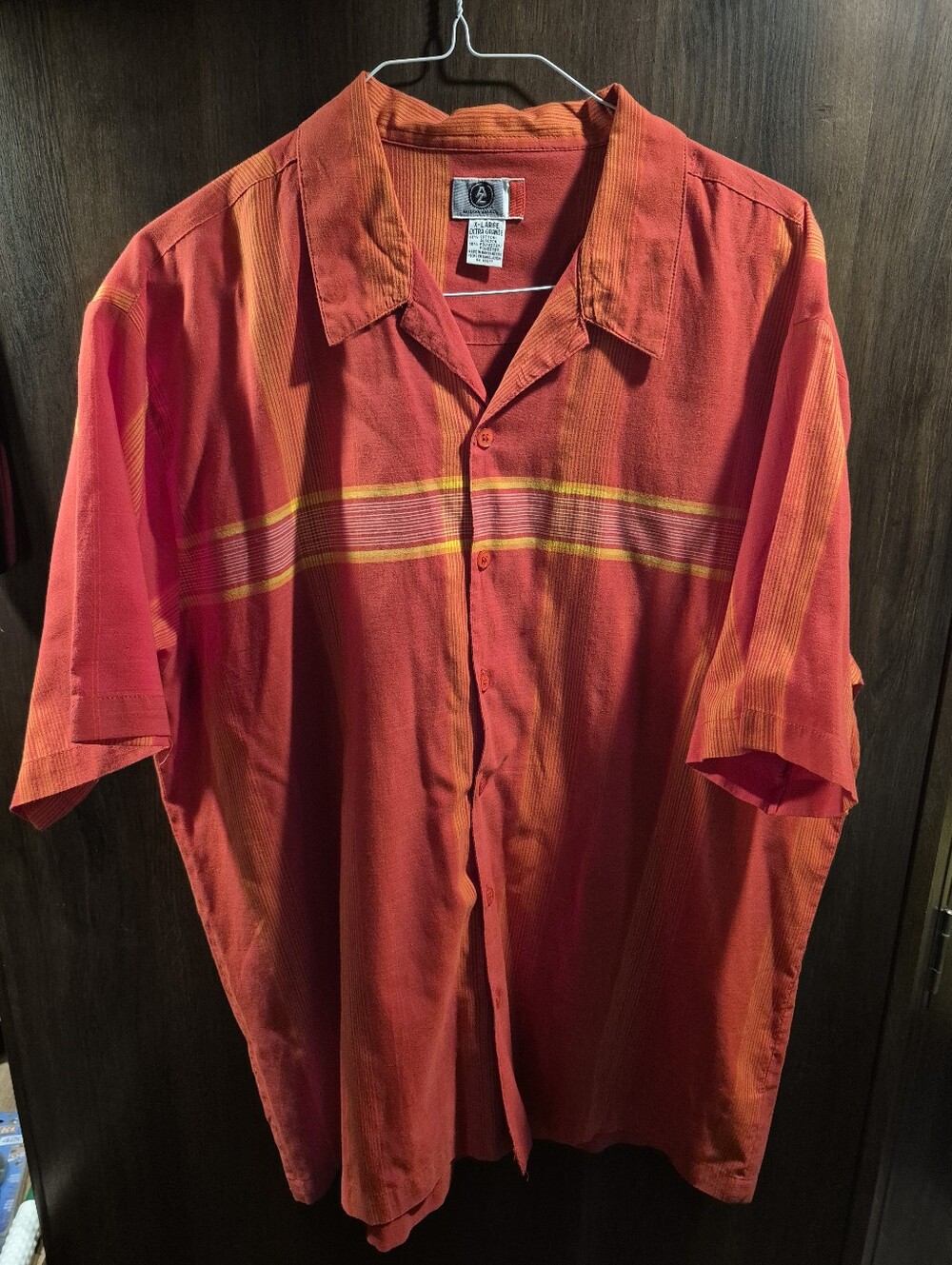 Arizona Red Short Sleeve Button-Down Shirt with Yellow Striping Pattern